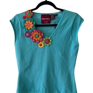 Michael Simon Turquoise Top with Colorful Floral Accents